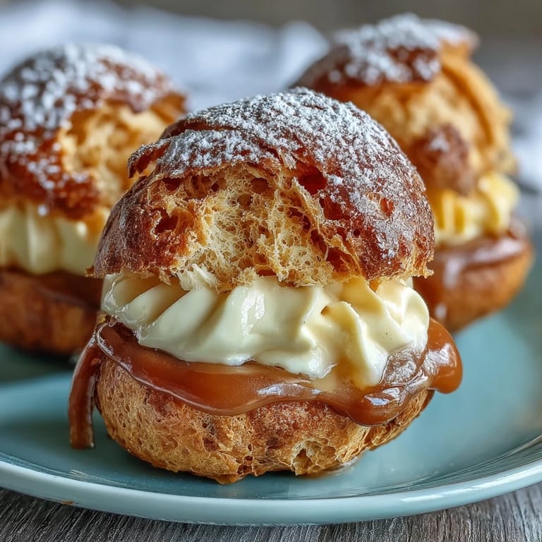 Golden cream puffs bursting with tropical mango cream filling, offering a French dessert with a fruity twist.
