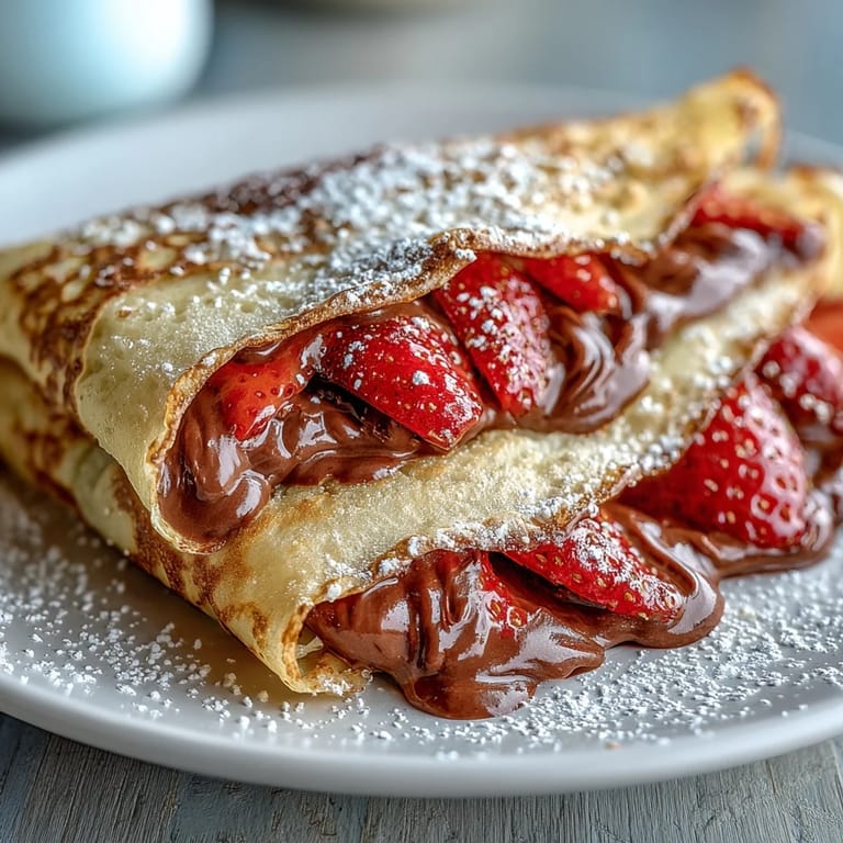 Golden crêpes rolled with rich Nutella and juicy strawberries, perfect for sharing at a festive Galentine's gathering.