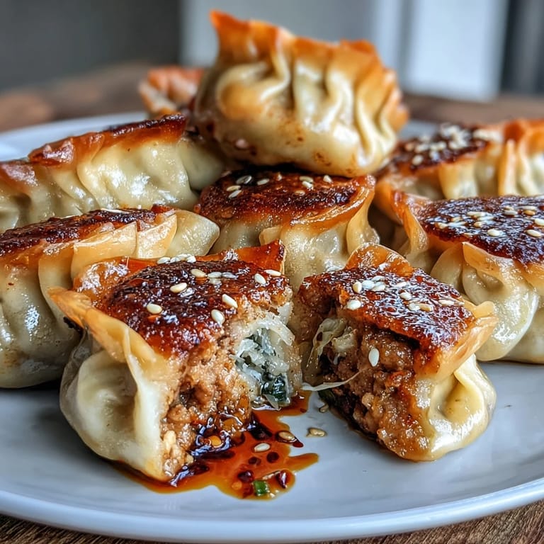 Golden pork dumplings served with spicy chili oil, crispy on the outside and juicy inside, ideal for sharing.  