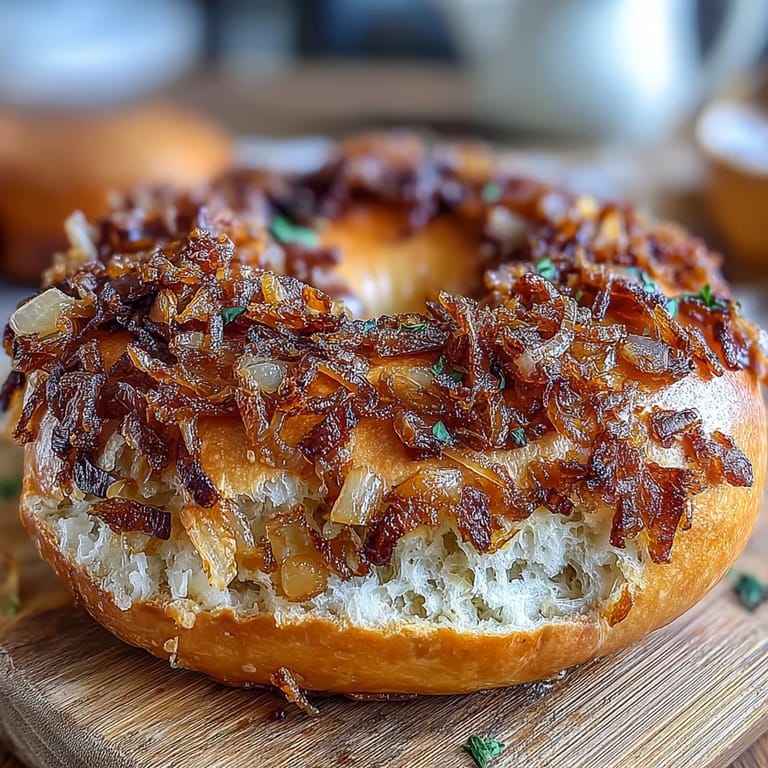Chewy sourdough bagels with a generous topping of sautéed golden onions, offering rich flavor in every bite.  