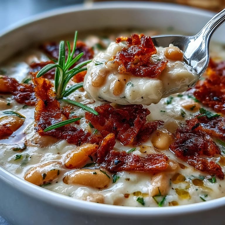Rich and comforting white bean soup featuring tender beans, savory bacon, and aromatic rosemary in a creamy broth.