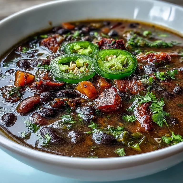 Smoky ham and black bean soup with jalapeños, topped with fresh cilantro for a flavorful and satisfying meal.