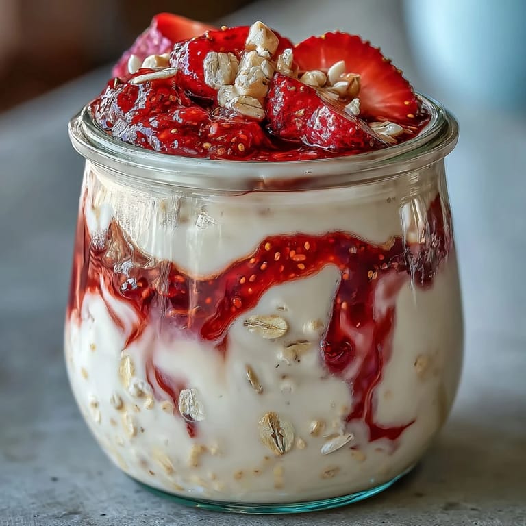 Layered overnight oats with a rich swirl of homemade strawberry chia jam, offering a sweet and satisfying morning treat.  