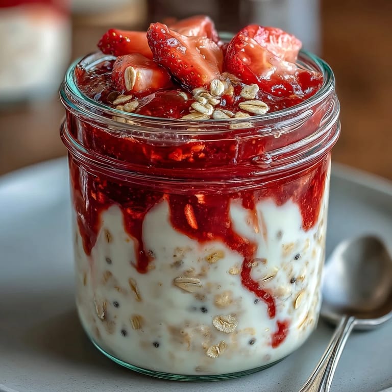 Velvety overnight oats paired with bright strawberry chia jam, garnished with sliced strawberries for a refreshing, healthy start.