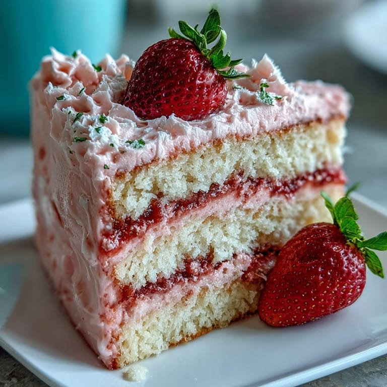 Layered vanilla cake frosted with luscious strawberry buttercream in a gradient pink design, perfect for sharing with friends on Galentine's Day.