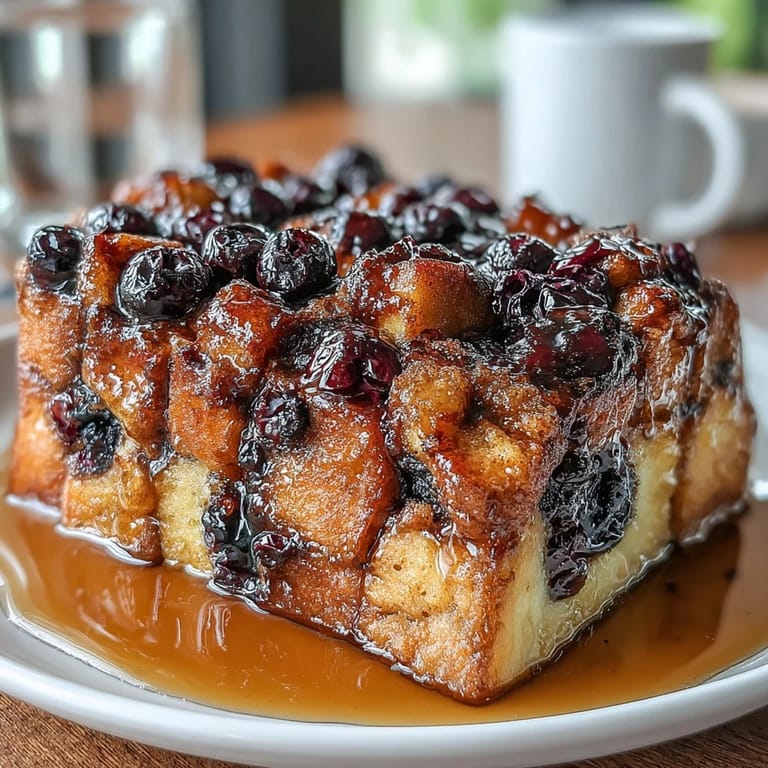 Make-ahead blueberry sourdough French toast bake, featuring tangy bread, sweet berries, and a rich vanilla custard.