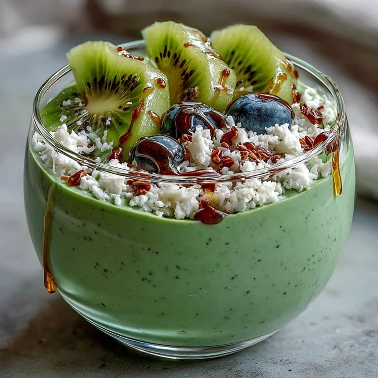 Creamy matcha-infused oats with chia seeds and coconut, garnished with banana and a drizzle of honey.