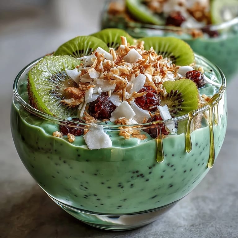 A close-up of layered matcha overnight oats with coconut and fresh berries for a nourishing breakfast.