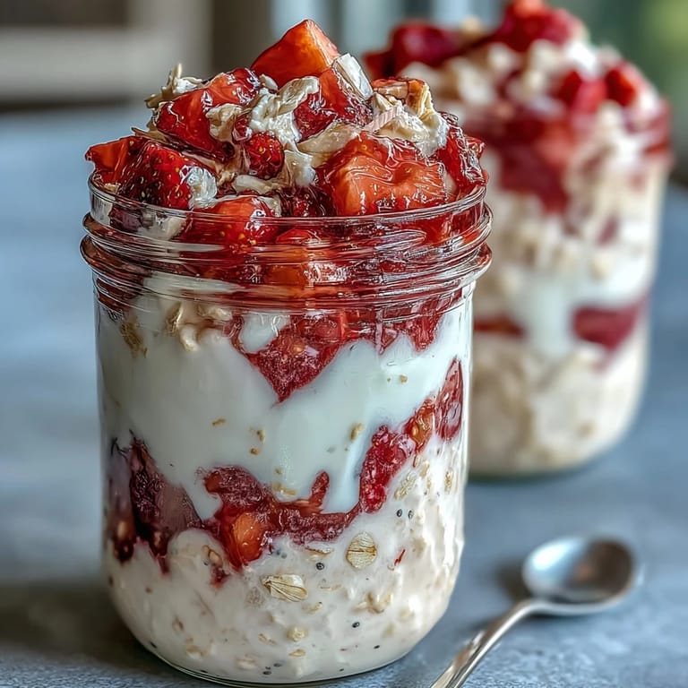 Rich strawberry cheesecake overnight oats in a mason jar, perfect for meal prep or a quick, satisfying morning treat.