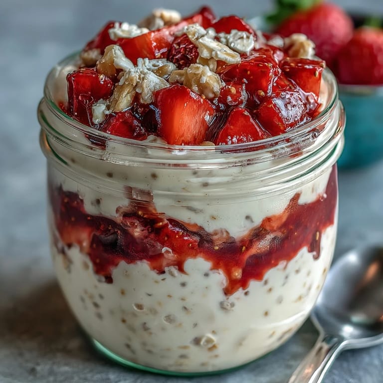 Delicious strawberry cheesecake overnight oats with fresh berries, creamy yogurt, and a hint of vanilla, served in a convenient mason jar.