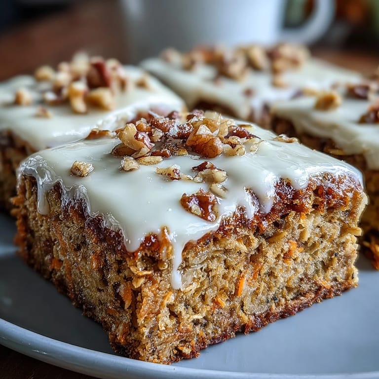 Wholesome baked oatmeal squares with warm cinnamon and nutmeg, packed with fresh carrots and a hint of maple sweetness.