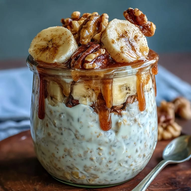 Wholesome breakfast jars layered with ripe banana, hearty oats, Greek yogurt, and toasted walnuts for a make-ahead morning treat.  