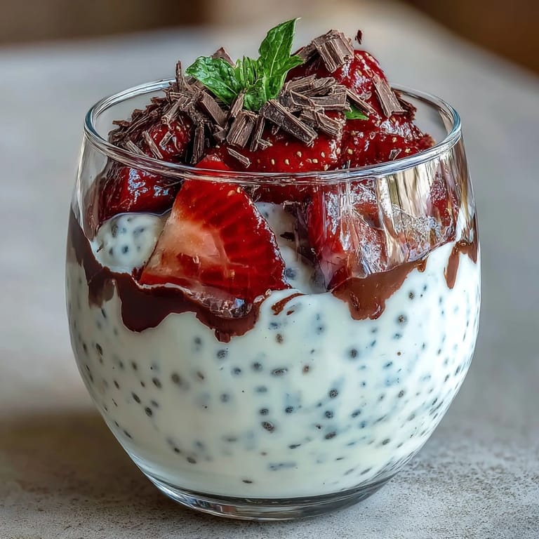 Rich and velvety strawberry yogurt chia pudding with layers of juicy fruit and decadent dark chocolate for breakfast or dessert.