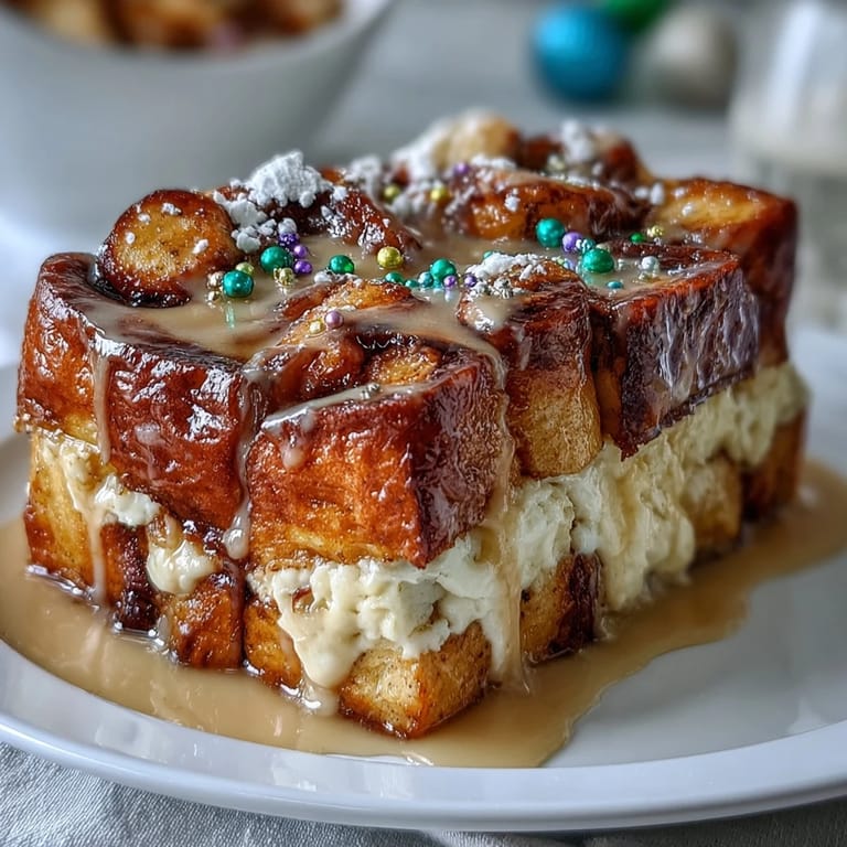 Golden-baked King Cake French Toast Casserole featuring layers of rich custard-soaked bread, drizzled with sweet vanilla icing and colorful sanding sugars.  