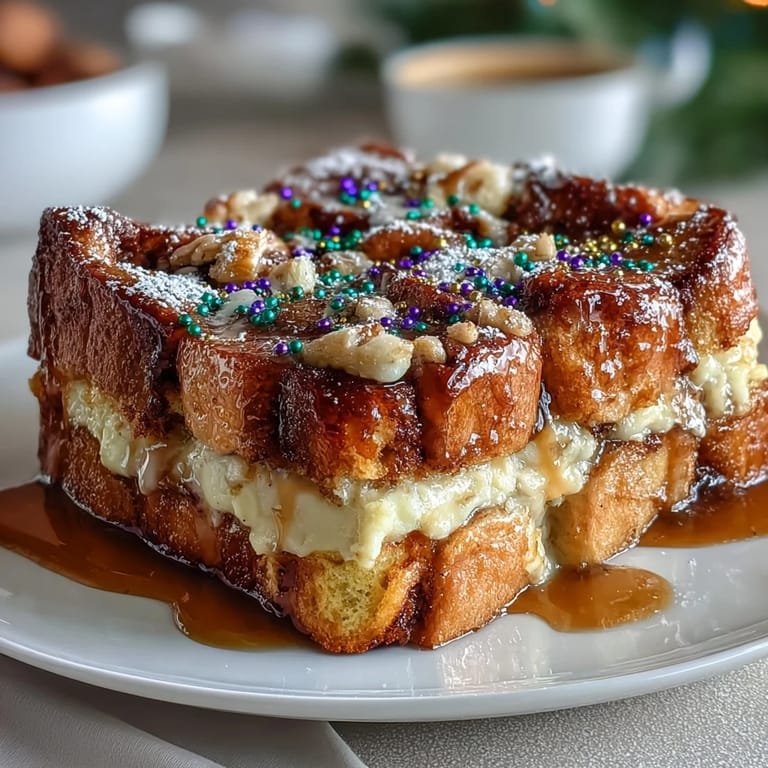Festive Mardi Gras breakfast bake with King Cake-inspired flavors, cinnamon-spiced brioche, and vibrant icing stripes in traditional purple, green, and gold.