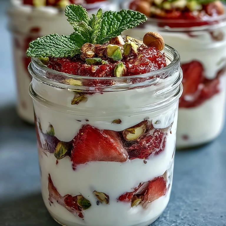 Layered pistachio and strawberry parfait with Greek yogurt, granola, and mint garnish for a vibrant morning treat.