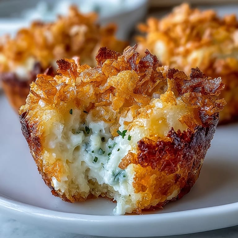 Golden-baked muffin cups filled with shredded potatoes, sour cream, and cheddar, topped with buttery cornflakes for crunch.
