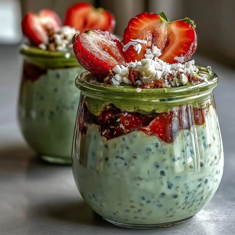 Creamy matcha-infused oats layered with sweet strawberry mash, served chilled for a refreshing breakfast.
