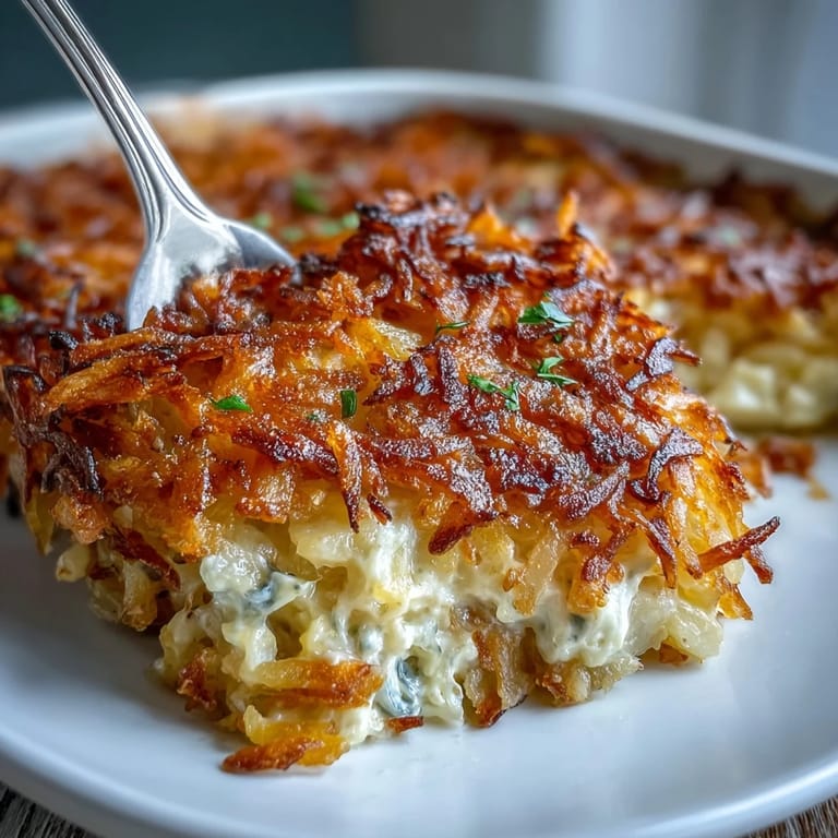 A comforting Funeral Potatoes Casserole with golden hashbrown topping, featuring a rich, cheesy sauce and tender diced potatoes in a family-style baking dish.