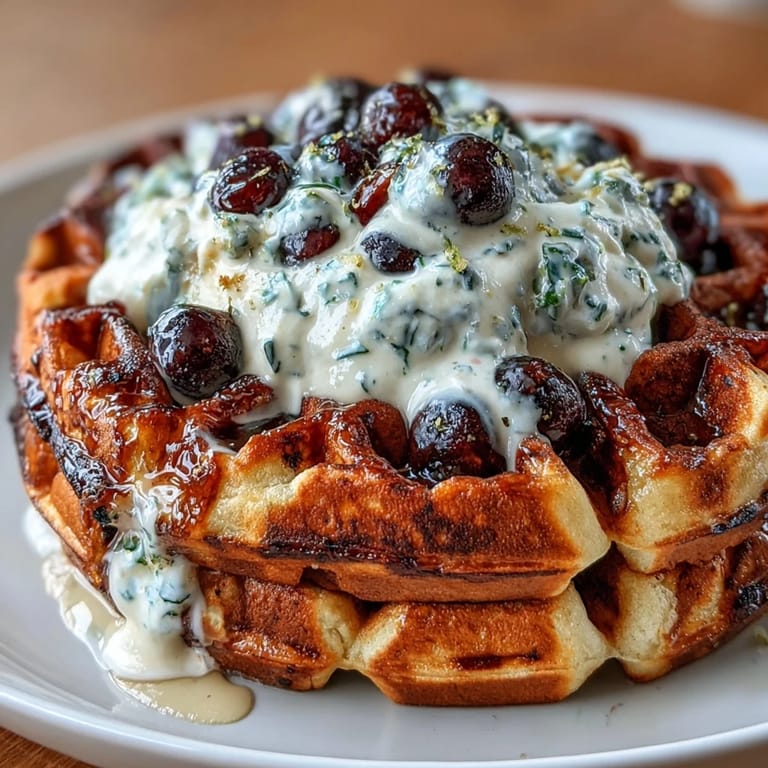 Fluffy waffles packed with tangy lemon and sweet blueberries, crisped to perfection and topped with creamy maple-infused Greek yogurt.