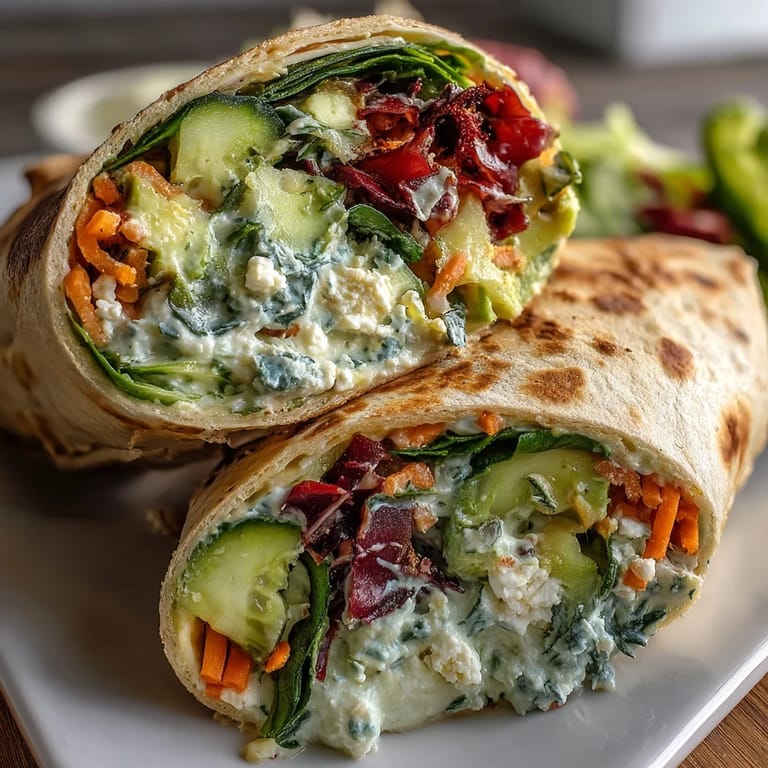 Vibrant veggie wraps with lemon aioli, featuring crisp cucumber, bell pepper, and red cabbage, ideal for a light vegetarian lunch.