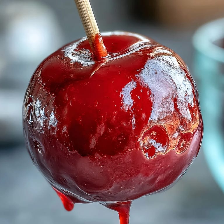 Crisp apples dipped in vibrant red candy coating, creating a classic treat with a satisfying snap and shine.
