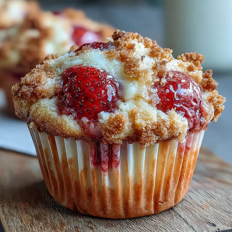 Freshly baked strawberry muffins with creamy yogurt and vibrant red fruit, offering a tender crumb and fruity aroma.