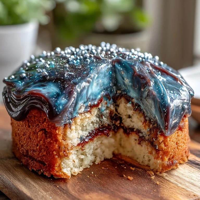 Layered vanilla sponge cake with galaxy-inspired buttercream in navy, purple, and teal, topped with silver glitter and optional fondant Pisces symbols for a magical dessert.