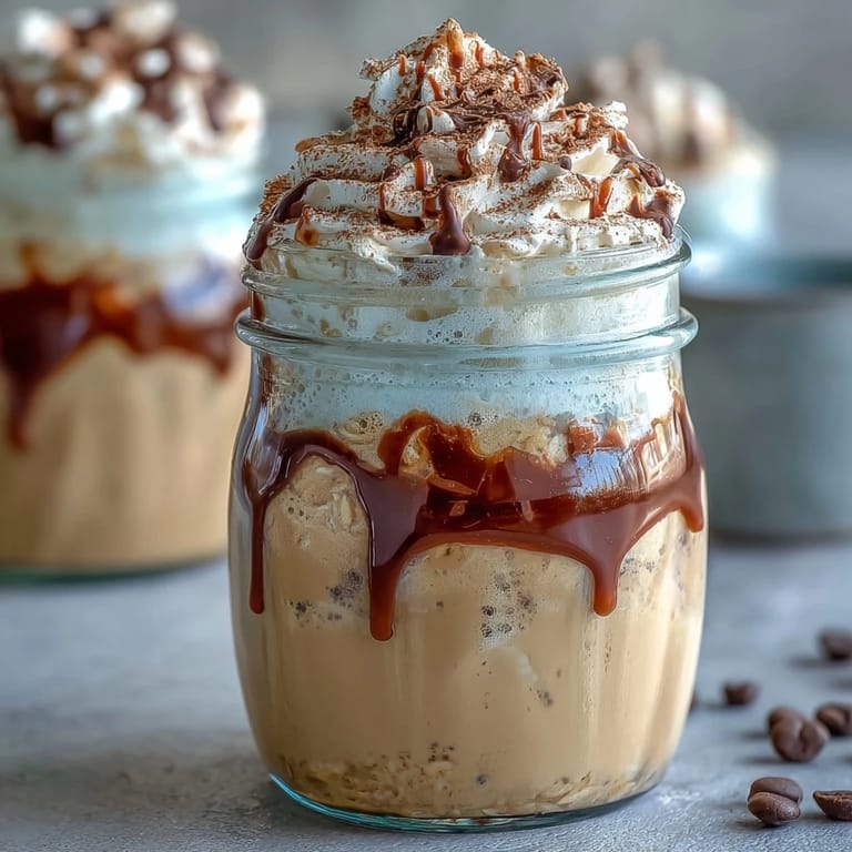 Vanilla-infused overnight oats with espresso and chia seeds, topped with fluffy whipped cream and a dusting of espresso powder for a coffeehouse treat.
