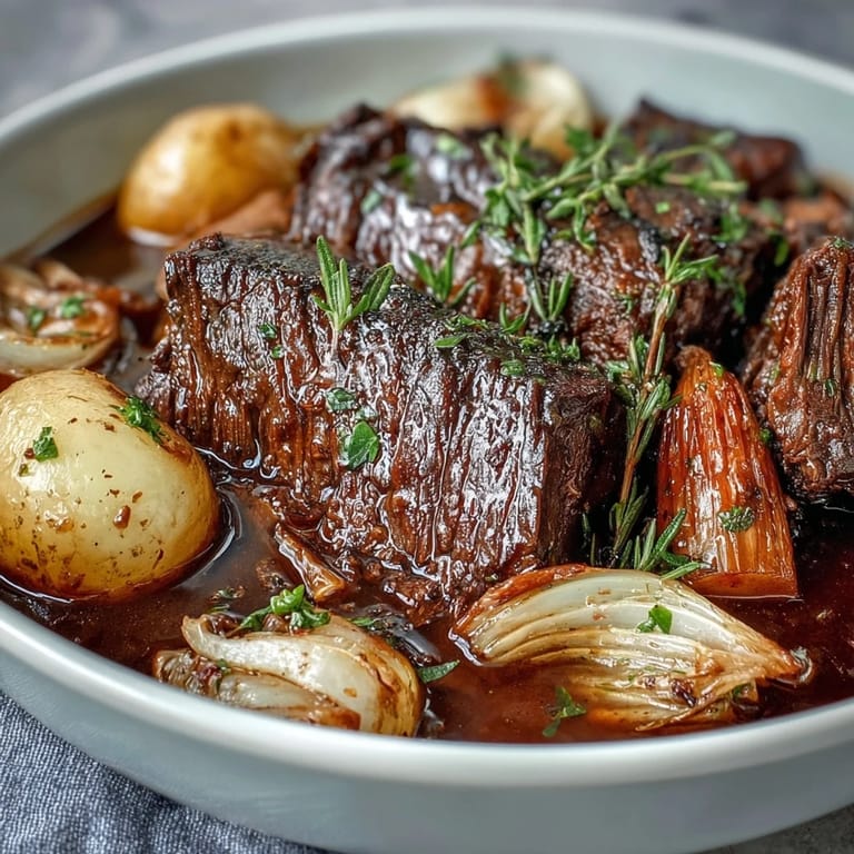 Hearty beef stew featuring succulent beef, root vegetables, and aromatic herbs, served in a rustic bowl for chilly evenings.