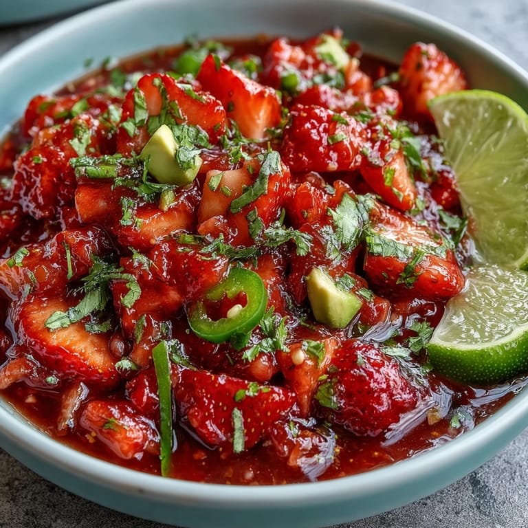Colorful bowl of fresh strawberry salsa, featuring juicy strawberries, zesty lime, and a touch of jalapeño heat.