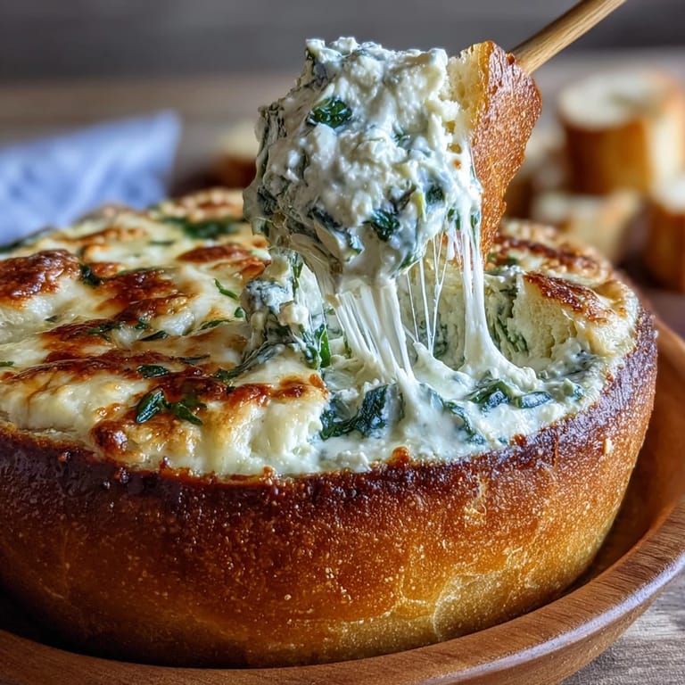 Warm spinach artichoke dip bubbling in a crusty sourdough bread bowl, ideal for festive gatherings.