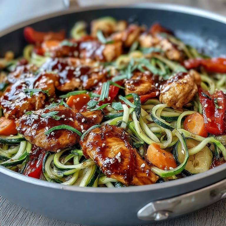 Colorful zucchini noodle stir fry with juicy chicken, crunchy vegetables, and a glossy soy-ginger glaze, perfect for quick healthy dinners.