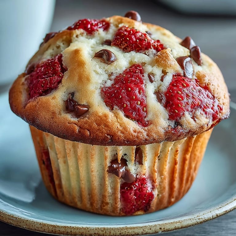 Freshly baked strawberry muffins with white chocolate chips, offering juicy fruit and creamy sweetness in every bite.
