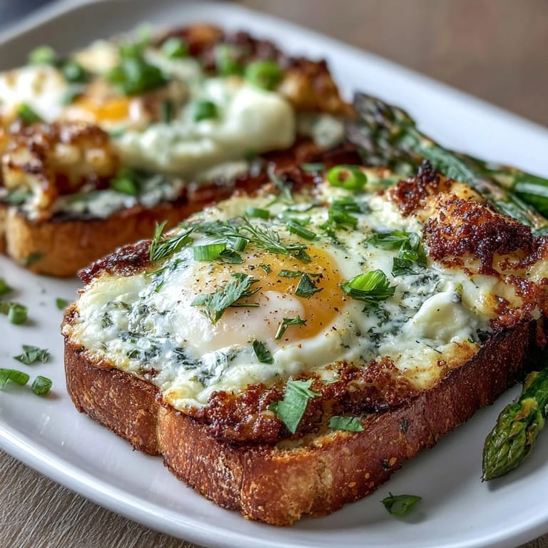 Golden toast topped with fluffy scrambled eggs and crisp asparagus spears, finished with a tangy crème fraîche drizzle.