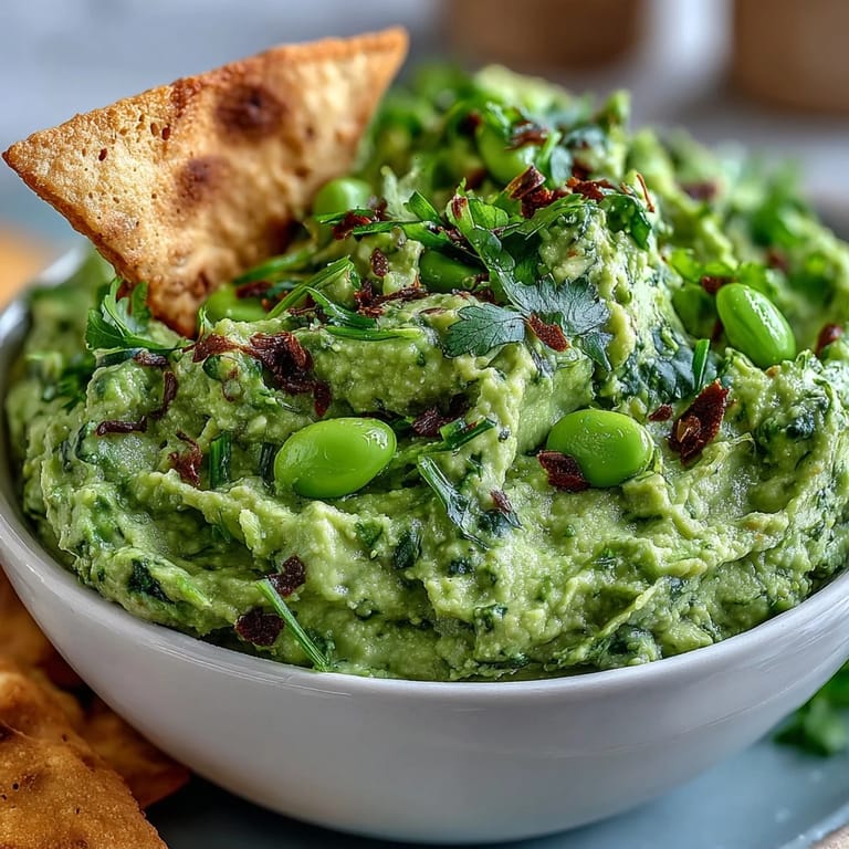 Vibrant green edamame guacamole blended with cilantro and jalapeño, paired with warm, spiced pita chips for dipping.  
