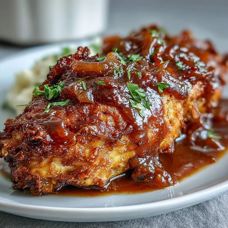 Tender Southern chicken thighs and drumsticks smothered in homemade onion gravy, served in a rustic skillet with a side of creamy mashed potatoes.