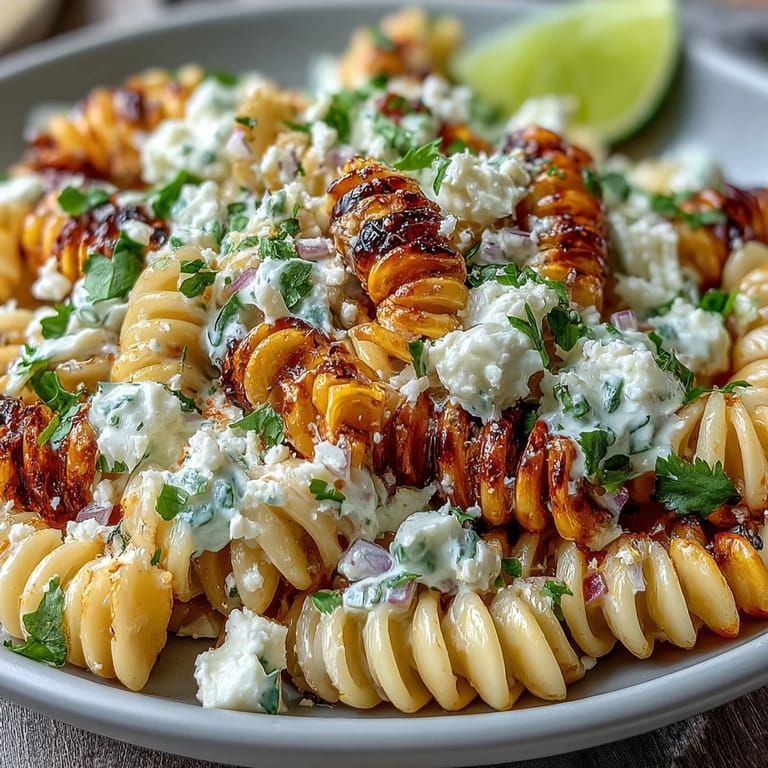 Mexican-inspired elote pasta salad with cotija cheese, smoky chili, and fresh lime, perfect for summer gatherings or BBQs.
