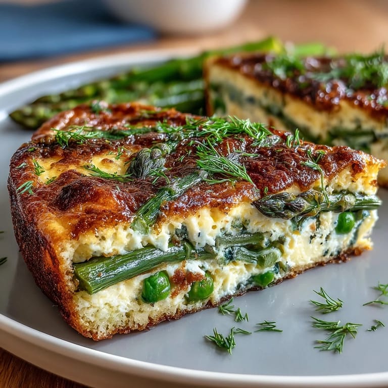 Vibrant Spring Frittata with Asparagus, Peas and Goat Cheese - fresh vegetables, fluffy eggs, and tangy goat cheese baked to perfection.