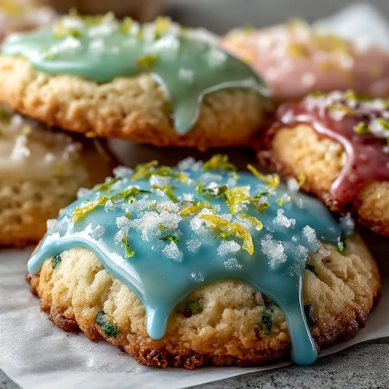 Delicate lemon cookies topped with soft pastel glaze, offering a refreshing citrus treat for any occasion.