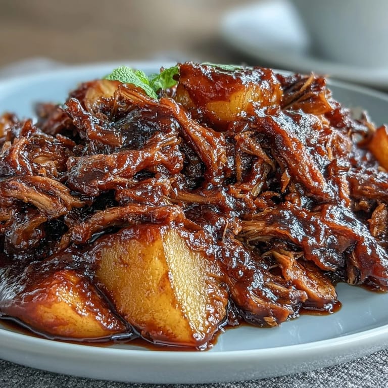 Savory pulled pork with ripe peaches and honey, smothered in BBQ sauce for a crowd-pleasing summer meal.