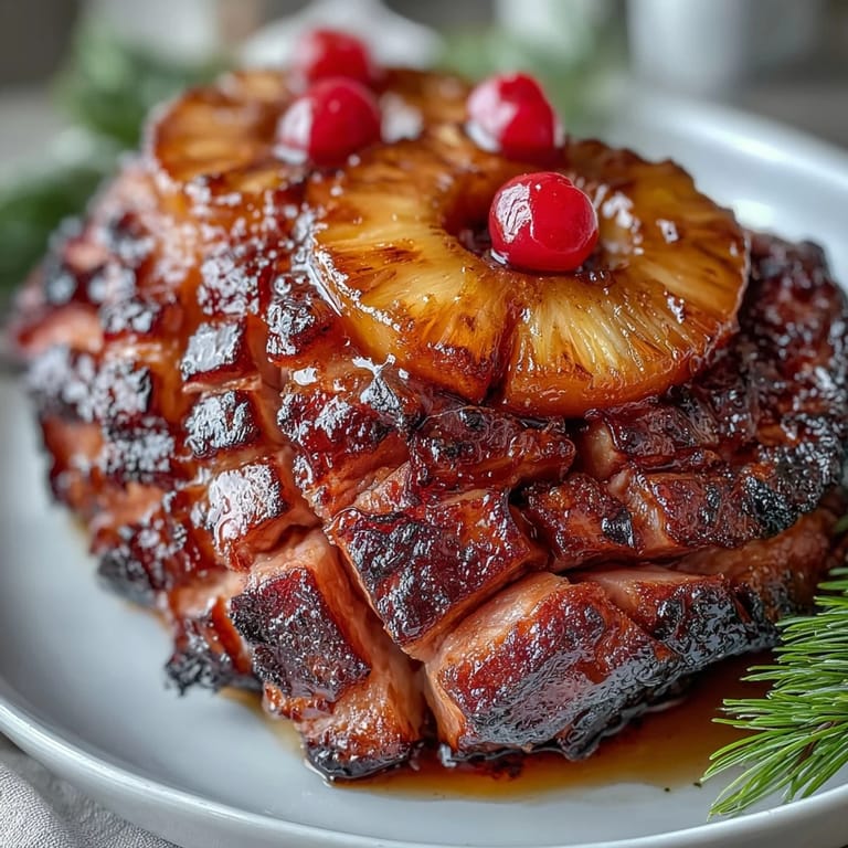 Succulent baked ham crowned with caramelized pineapple slices and cherries, a sweet-savory centerpiece for Easter dinner.