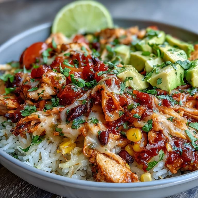 Flavorful salsa chicken slow-cooked to perfection, layered with rice, corn, and cheese for a satisfying American-Mexican fusion bowl.