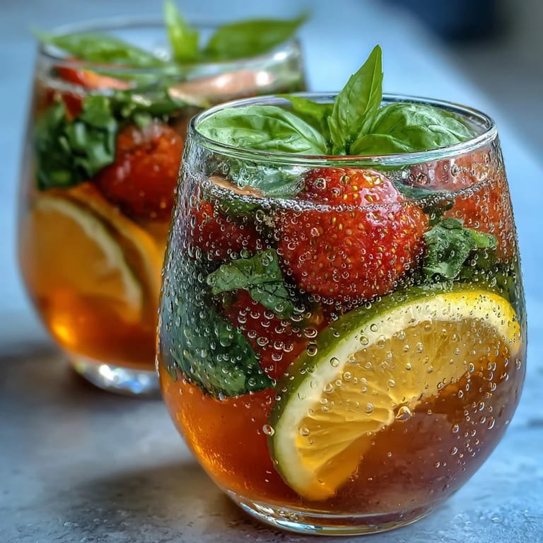 Vibrant Strawberry Basil Sangria Mocktail served over ice with sliced strawberries, lemon, and orange, offering a refreshing herbal twist.
