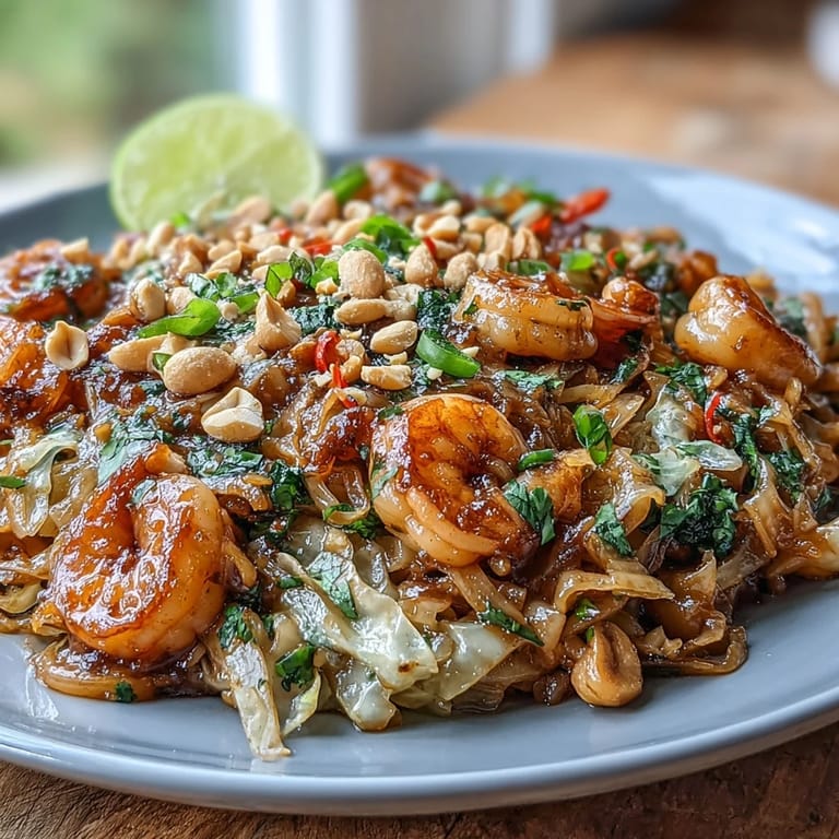 Fresh cabbage Pad Thai stir-fry with julienned carrots, bell peppers, and fragrant herbs, garnished with crushed peanuts and cilantro for crunch.
