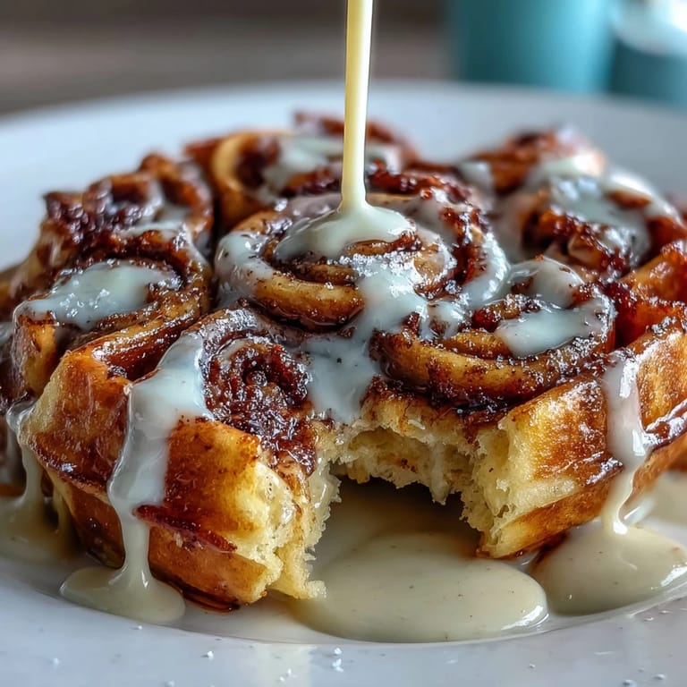 Decadent breakfast treat: cinnamon roll waffles with golden crisp edges, drizzled with sweet cream cheese glaze.  