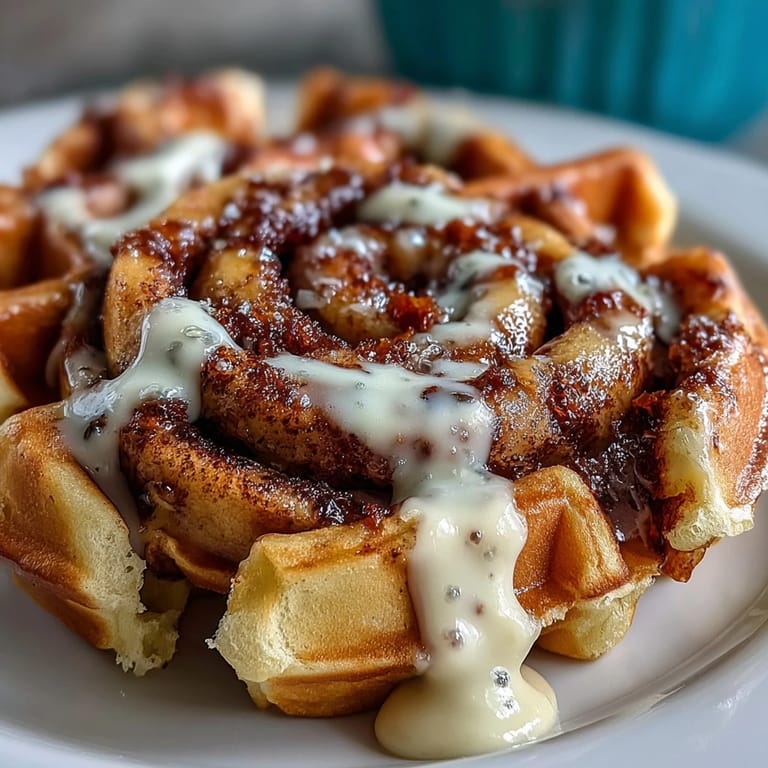Golden-brown cinnamon roll waffles with a buttery cinnamon swirl and luscious cream cheese drizzle for brunch.