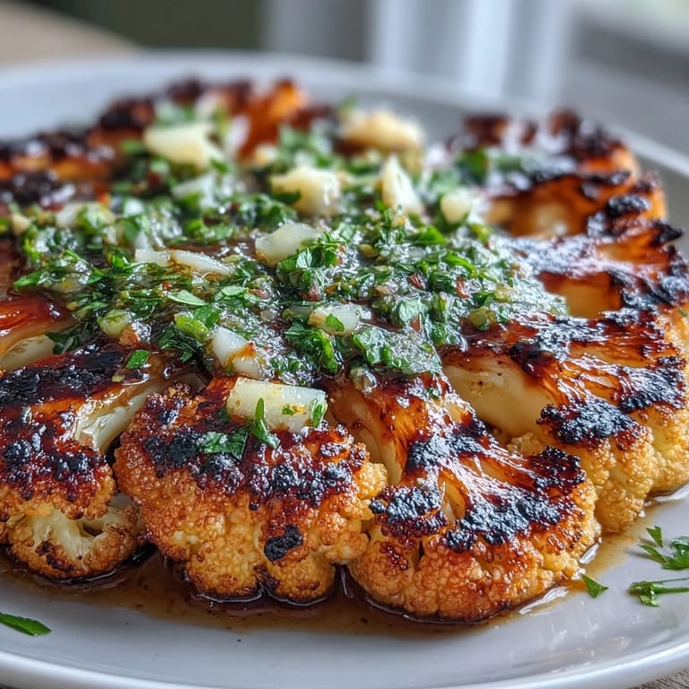 Charred cauliflower steaks drizzled with zesty chimichurri, a colorful and healthy vegan recipe ideal for outdoor cooking.