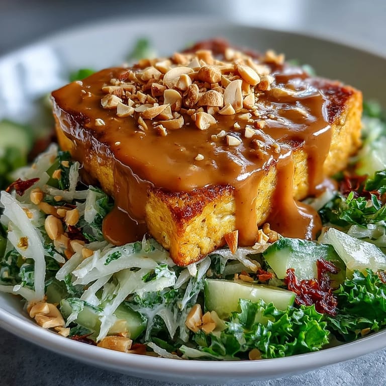 Golden pan-fried tofu cubes top a refreshing salad of mango, red cabbage, and mint, drizzled with creamy peanut dressing.