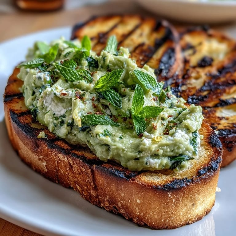 Fresh fava beans mashed with mint and lemon, spooned generously onto charred sourdough for a bright appetizer.
